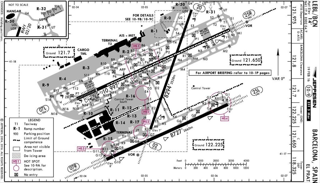 Obr. č. 2: Letištní mapka LEBL taxi chart 10 9 [40] Letiště El Prat pro pokrytí každodenního provozu využívá všech drah s ohledem na denní dobu a hustotu provozu.