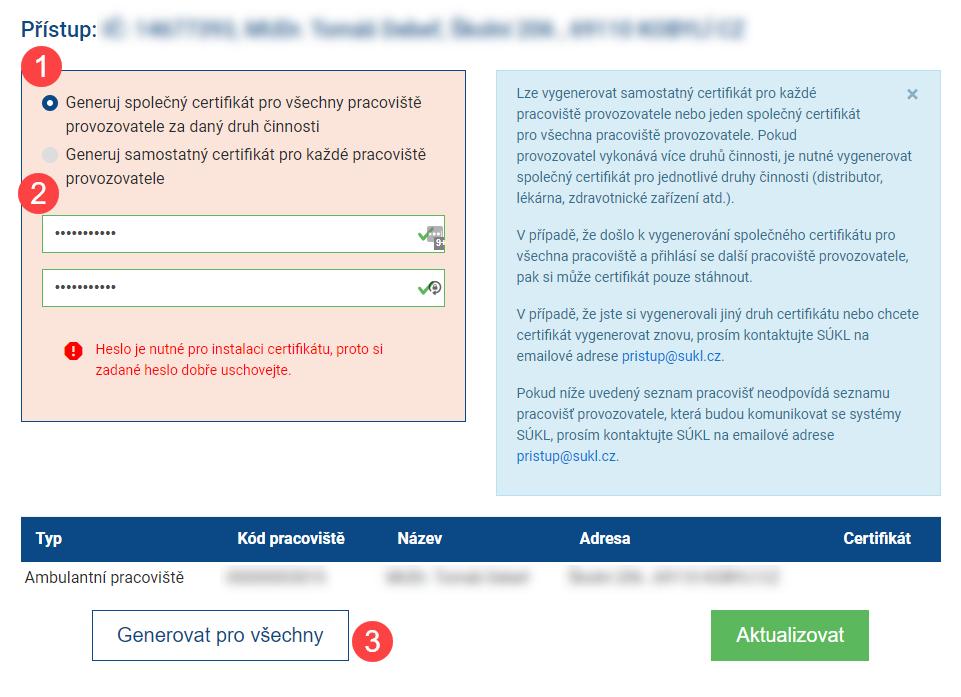 Obr. 11 Na další obrazovce obr 11: Zvolte generování společného certifikátu pro