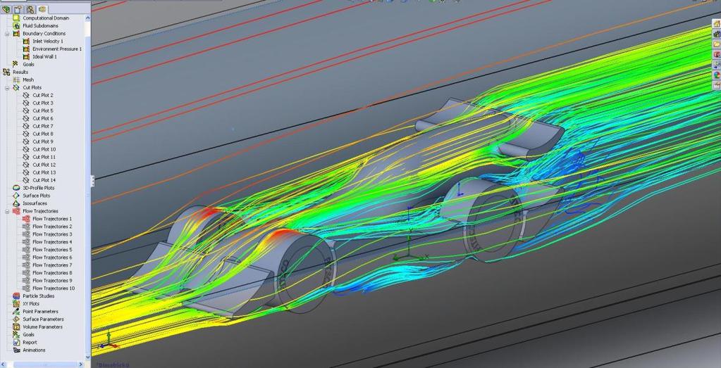 Aerodynamika Po návrhu formulky musíme otestovat aerodynamiku formule. S tímto krokem byl problém, neboť nemáme ve škole k dispozici program SOLIDWORKS ve kterém je obsažen virtuální tunel.