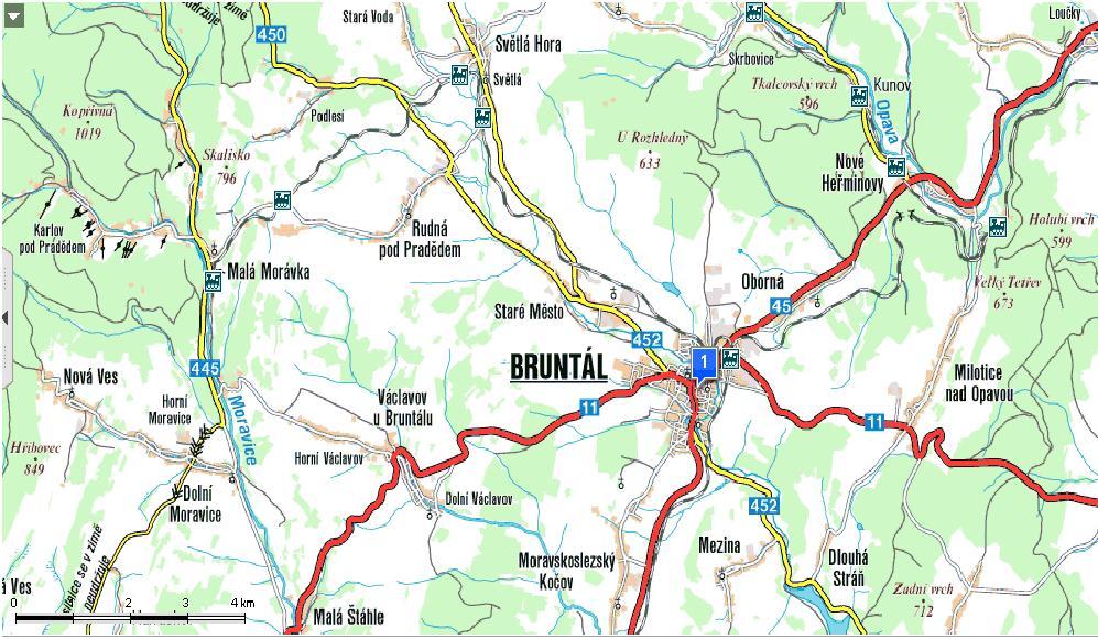 Obr. 19 Mapa návrhu systému UMTS Na obrázku Obr.19 je mapa oblasti návrhu. Jedná se o okres Bruntál ležící na severní Moravě v podhůří Jeseníků.