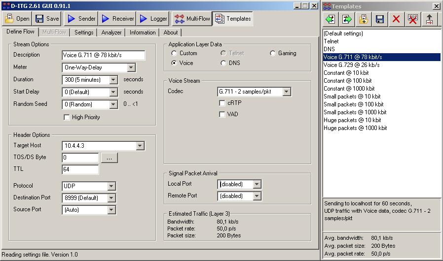 Z důvodu větší přehlednosti bylo pro konfiguraci parametrů jednotlivých toků využito grafické rozhraní D ITG 2.6 GUI 0.91.1 beta. Ukázka konfigurace datového toku je zobrazena na obrázku 4.