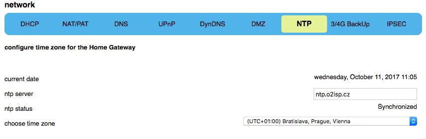NTP Klik ěte a iko u NTP a liště e u Net ork Co figuratio. Pro ko figura i časo é zó pro O2 Smart Box plňte te to é pole NTP ser eru e o časo ou zó u roz alo a í e u a klik ěte a Save.