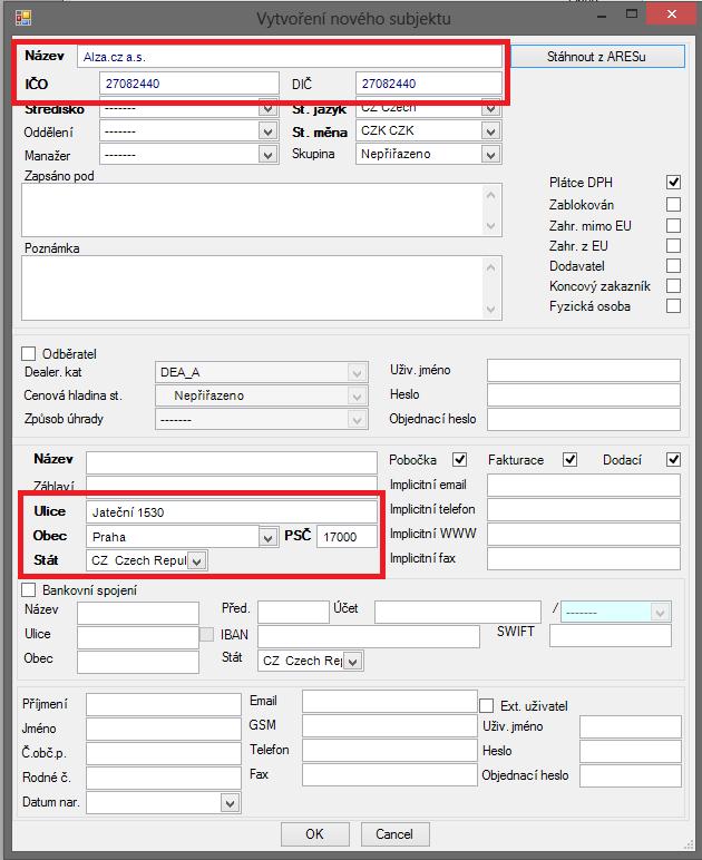 základních údajů subjektu ze systému ARES.