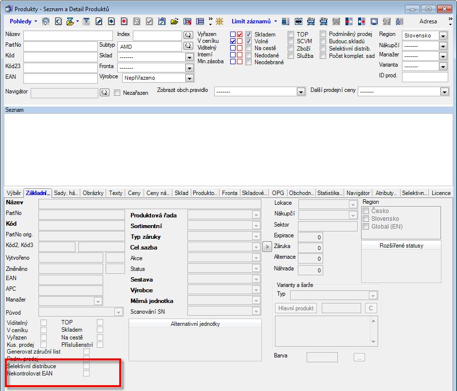 Produkty Při zapnuté kontrole na EAN je možno u jednotlivých produktů nekontrolovat.