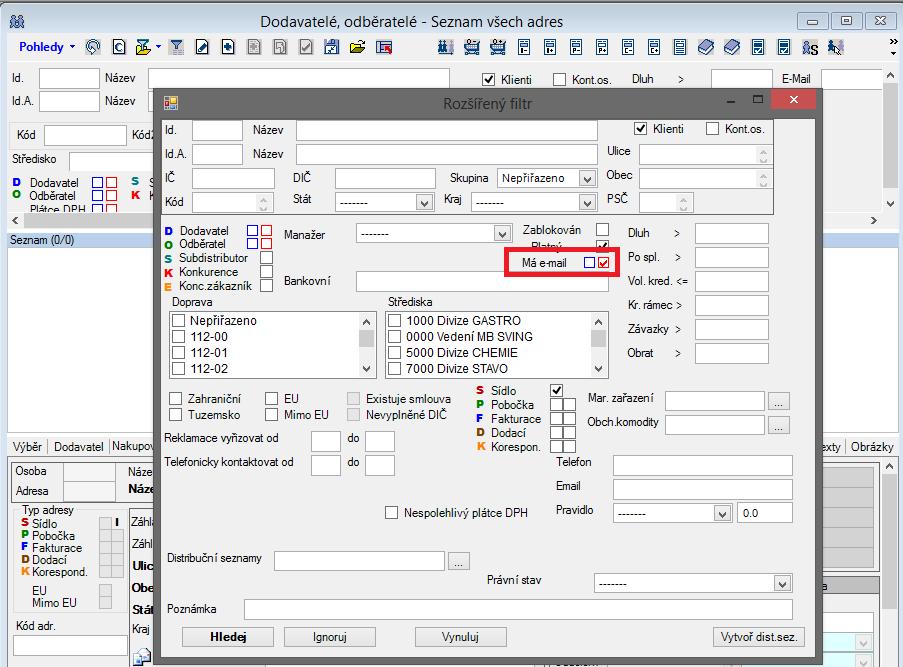 Klienti Seznam všech adres rozšířený filtr Přidána možnost