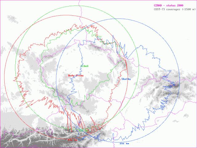 Obr. 13 Pozice meteorologických radiolokátorů na území ČR Na obrázku č.12 je vidět rozdíl mezi teoretickým dosahem radaru (kružnice) a praktickým pokrytím radaru pro výšku např.