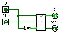 Sekvenční logické obvody (6) Klopný obvod (typu) D = Obrázek: Schéma zapojení klopného obvodu D realizace pomocí klopného obvodu RS (s hodinovým signálem), navíc mohou být vstupy R a S typ Latch: