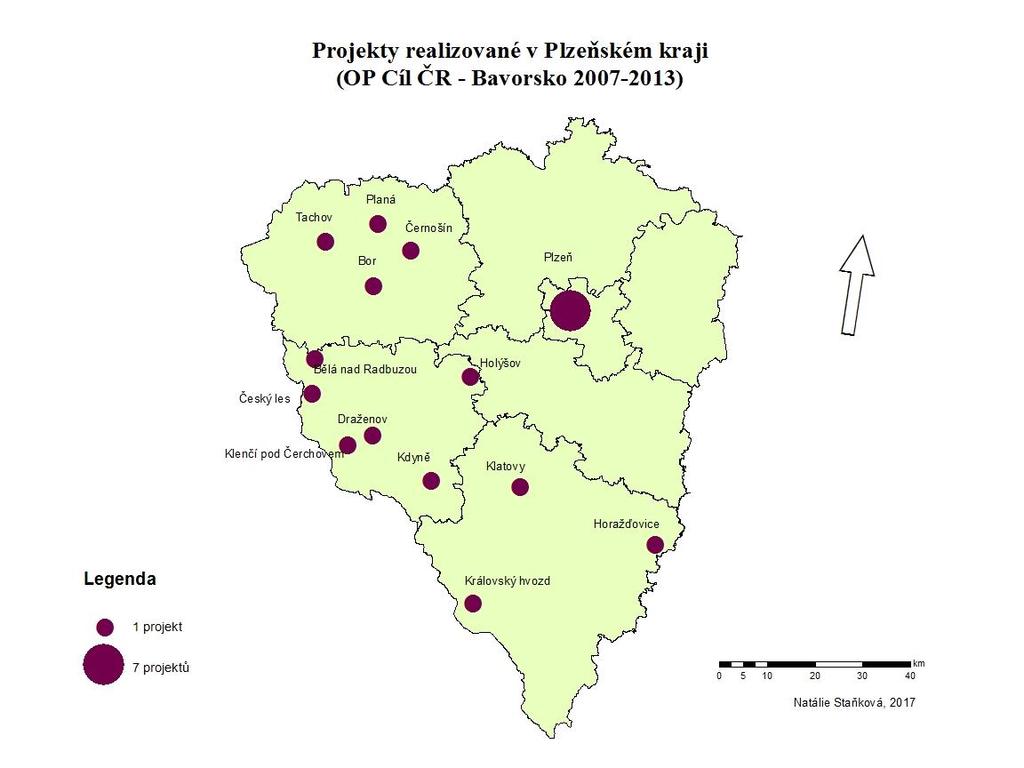 Obr. 4: Projekty realizované pouze s dopadem v PK v OP PS Cíl 3 ČR Bavorsko 2007-2013 Zdroj: vlastní zpracování dle ArcČR 500 v ArcGIS, 2017 Projekty realizované většinově v PK (viz Obr.