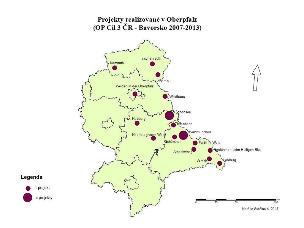 Obr. 5: Projekty realizované pouze s dopadem v OPf v OP PS Cíl 3 ČR Bavorsko 2007-2013 Zdroj: vlastní zpracování dle Eurostat GISCO v ArcGIS, 2017 Realizace projektů, s místem dopadu převážně v OPf