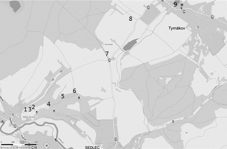 Obr. 1. Mapa s vyznačenými lokalitami č. 1 9.