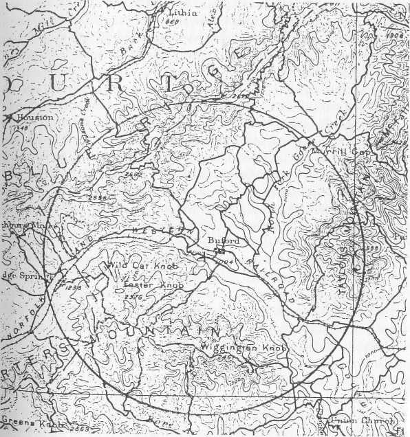 Obrázek 25: Část topografické mapy (U.S. Geological Survey) z roku 1891. Zakreslený kruh má poloměr čtyři míle a jeho středem je Buforďs Tavern, místo zmíněné ve druhé šifře.