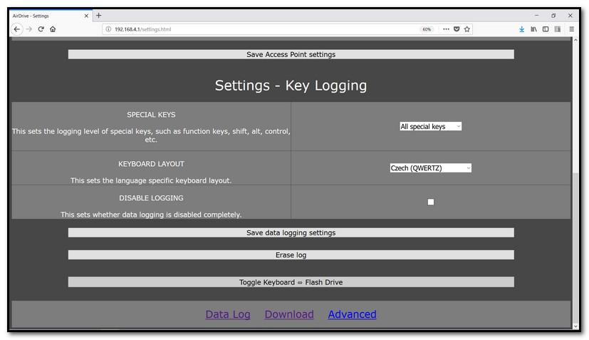 ponechte síť nezabezpečenou bez nutnosti zadávat přihlašovací údaje. iii. Heslo přístupového bodu (Access Point Password). Zde můžete nastavit přístupové heslo. b. Nastavení zaznamenávání / logování (Settings Key Logging): i.