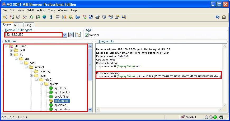 4. PŘÍKLAD NASTAVENÍ A VYČTENÍ SNMP Obrázek 4: Příklad MIB prohlížeče Důležité je nastavit IP adresu SNMP agenta (router) v poli Remote SNMP agent.