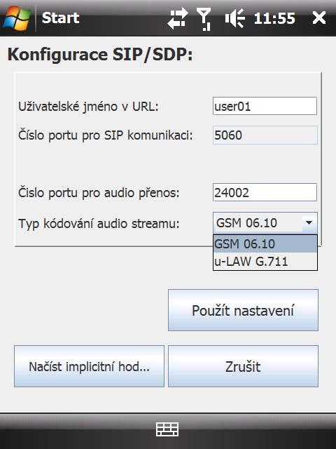 nastavení uživatelského jména kontaktní adresy, číslo portu pro přenos audio dat a vybrat kodek.