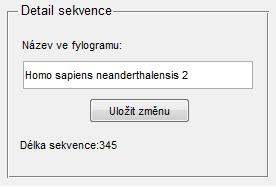 Detail sekvence Obrázek 6.7: Grafické rozhraní programu detail sekvence V políčku Název ve fylogramu můžeme název sekvence upravit a uložit stisknutím Uložit změnu.