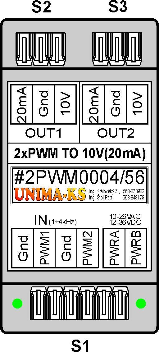 5. E2pwmTo10V(20mA) (p evodník 2xPWM na 10V/20mA) evodník sloužící k p evodu vstupního PWM signálu 1 4kHz na nap tí ±10V i proud ±20mA.