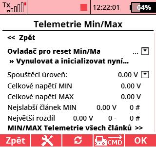 5.2. Telemetrie Min/Max Ovladač pro reset Min/Max přiřazení ovladače na vysílači DC/DS, jehož povelem se vymažou minima a maxima MULi6s Modul.