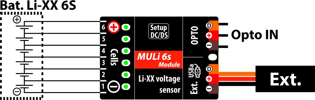 1. Popis: MULi6s Modul je senzor určený k monitorování napětí Li-XX akumulátorů, který provádí měření napětí jednotlivých článků baterie přes servisní konektor.