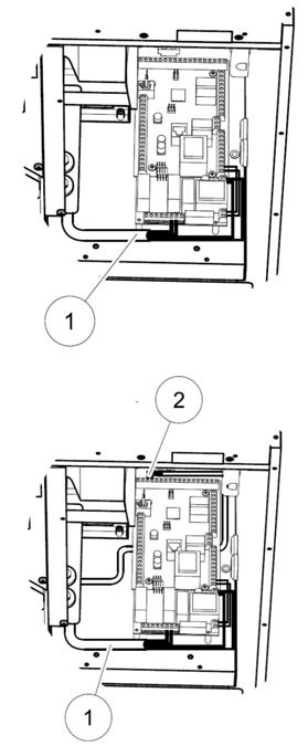 9. Přišroubujte krycí desku na ohřívač pomocí 4 šroubů, viz. obrázek u bodu 6. 10. Řídící desku ohřívače (1) uchyťte na připravené místo (2) pomocí 4 přiložených šroubů.