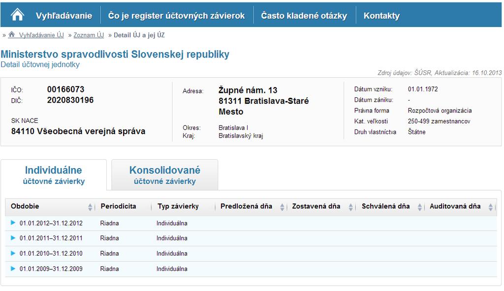 Obrázok 5: Detail účtovnej jednotky Systém v detaile účtovnej jednotky zobrazuje základné údaje: Názov, IČO, DIČ, SK NACE, adresa a ďalšie údaje podľa ŠÚ SR: právna forma, kategória veľkosti, druh