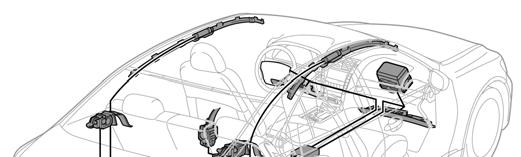 Airbagy & předepínače bezpečnostních pásů systému SRS Standardní výbava Přední elektronická čidla nárazu (2) jsou umístěna v motorovém prostoru (viz obrázek).