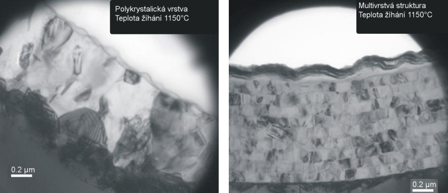 Na obrázku 5.5 jsou selektivně leptané kolmé lomy multivrstevnaté struktury vytvořené proložením polykrystalické vrstvy devíti vrstvami SiO 2 s tloušťkou 10 nm.
