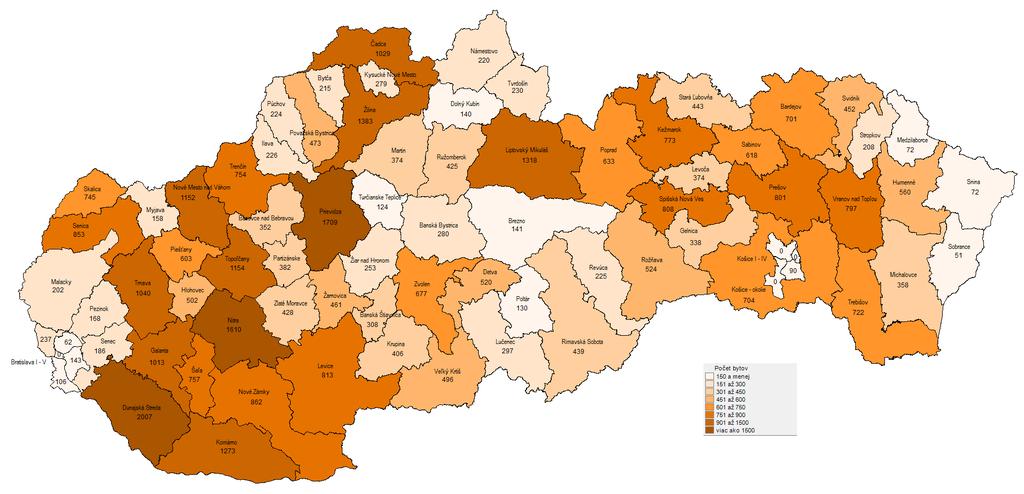 Lokalizácia bytov vo verejnom nájomnom sektore (byty podporené dotáciami MDV SR v rokoch 2000 až 2016) okres Košice I-IV 90 bytov (234 tis. ob. 0,4 bytu/1000 ob.