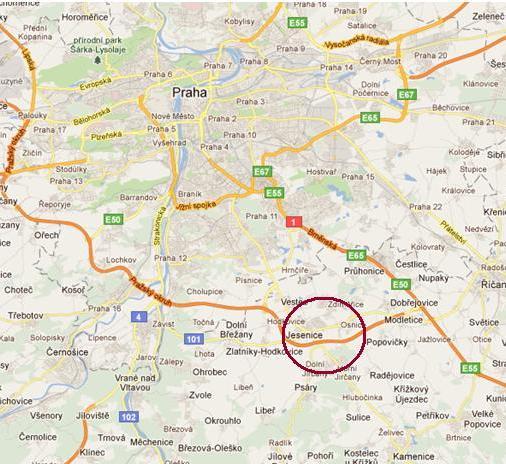 Obr. 1: Poloha Jesenice vůči Praze Zdroj: maps.google.com. Upraveno.