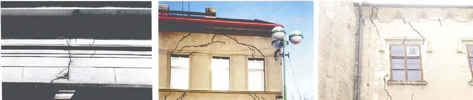 Hodnocení zděných a panelových budov tahem, tahové trhliny charakteristické rozevřením trhliny a neporušeným obrysem trhliny, smykem, smykové trhliny charakteristické posunutím v trhlině a porušením