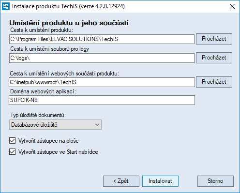 Krok 6. Dokončení instalace TechIS Volba umístění souborů instalace produktu TechIS a doplňující nastavení. Adresa, pod kterou bude webová aplikace po instalaci dostupná.