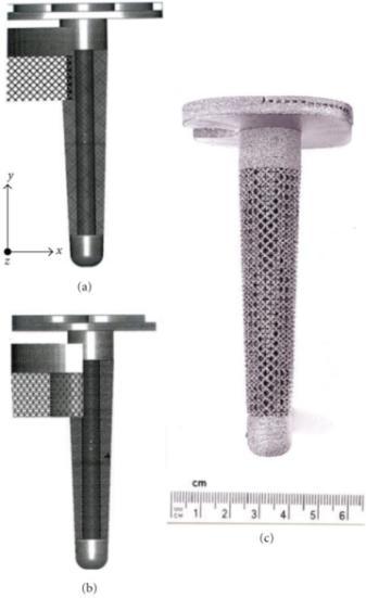 8 a) Totální náhrada kolene přední a boční pohled [16], b) Otevřená síťovaná struktura tibiální komponenty vyrobené EBM technologií [17]. 2.