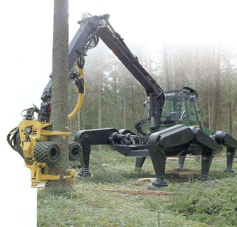 6.1.4. Podvozek harvestoru Podvozek harvestoru může být trojího typu. První variantou je kráčecí podvozek (Obr.6.2.). Tento druh je náročný na synchronizaci pohybů jednotlivých nohou.