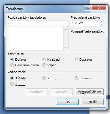 Zobrazí sa: 1 2 3 4 1. Pozícia zarážky tabulátora tu zadávam čísla v cm, na ktorých mám mať umiestnené zarážky. Tie sa zobrazia na vodorovnom pravítku. Keď zadám zarážku v cm, hneď idem na krok 3. 2. Neskôr 3.