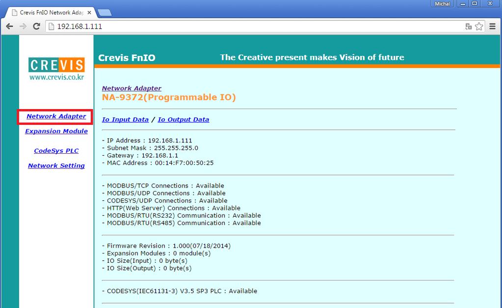 NA-9371/2/3 Webserver Na hlavní stránce jsou zobrazeny základní