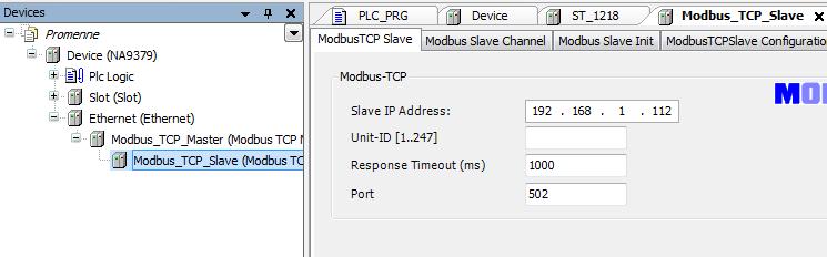 Poté co jsme přidali tyto zařízení, přejdeme k samotnému nastavení komunikace. Klikneme dvojklikem na Modbus_TCP_Slave.