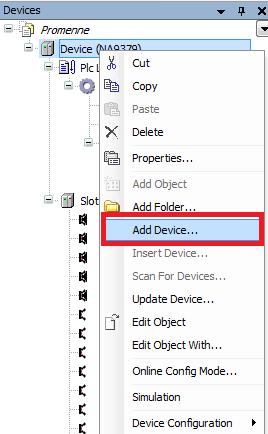 TCP SLAVE Po založení nového projektu, klikněte pravým tlačítkem myši na Device a vyberem Add Device.