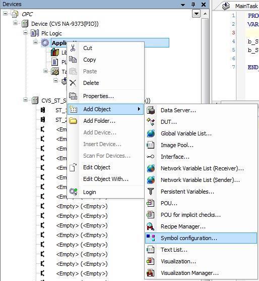 OPC Server (NA-9372/73 pouze) Přidáme do projektu Symbol configuration přes Application -> Add Object -> Symbol configuration