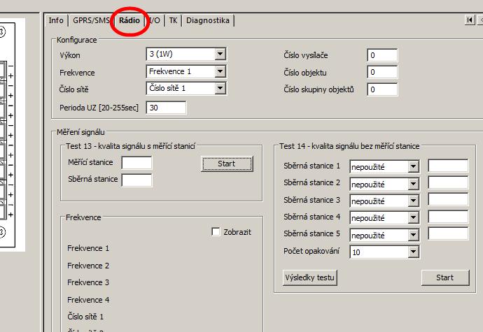 Pro nastavení parametrů rádiového vysílače zvolte záložku Rádio.