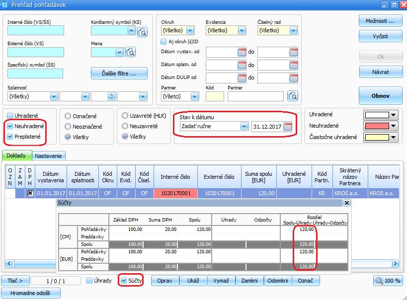 Stav k dátumu 31. 12. 2016 zadávame z toho dôvodu, že už môžeme mať vystavené doklady s dátumom napr. 01. 01. 2017. V tomto prípade by sa hodnota v prehľade nerovnala na saldokonto a hlavnú knihu.