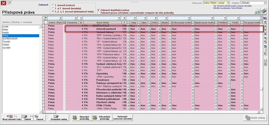 OBECNÉ FUNKCE PROGRAMU PREMIER Přístupová práva Program PREMIER disponuje možností nastavit přístupová práva k jednotlivým modulům, což zajišťuje ochranu dat proti neoprávněnému přístupu.
