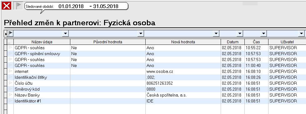 omezit zápis, mazání, změnu, tisk, export. Přehled změn Historie událostí HISTORIE ZMĚN Program PREMIER nabízí propracovanou a detailní historii práce jednotlivých uživatelů systému.