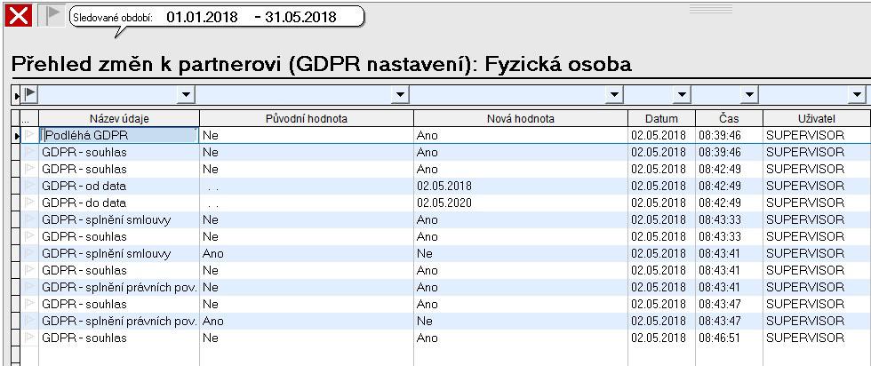 Přehled změn - zde se zaznamenává historie ohledně změn ve zpracování osobních údajů (viz obrázek níže).