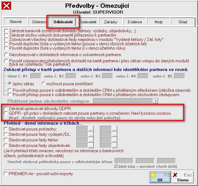 S ohledem na to, že v některých společnostech bude za GDPR zodpovídat určitá osoba, lze ostatním uživatelům ve Správci - Předvolbách - Omezujících - Odběratelé zakázat editovat důvody zpracování