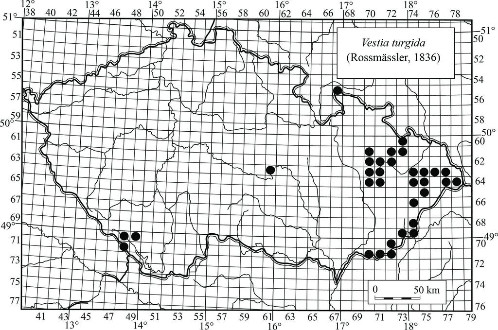 Fig. 3. Grid map of distribution of Vestia turgida in the Czech Republic.
