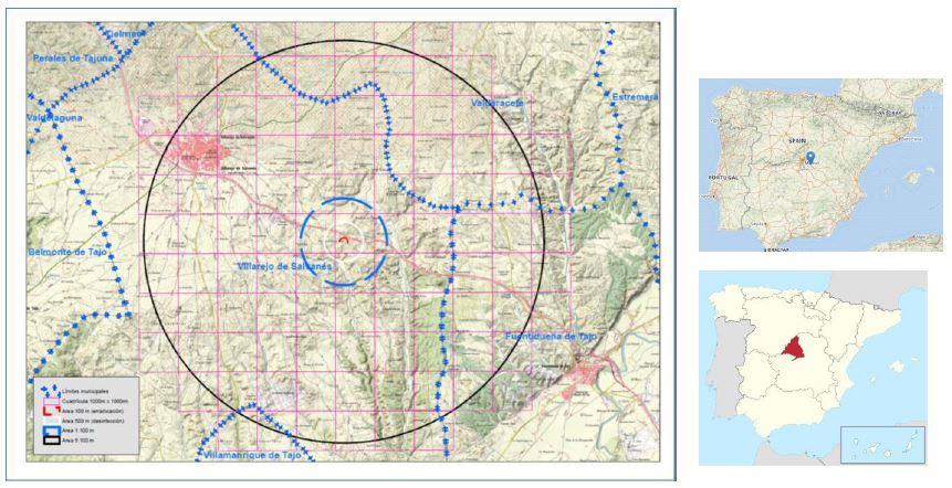 5. Mapa vymezené oblasti v Madridském společenství (Španělsko) Vysvětlivky: hranice obcí mřížka 1000 m x 1000 m okruh 100
