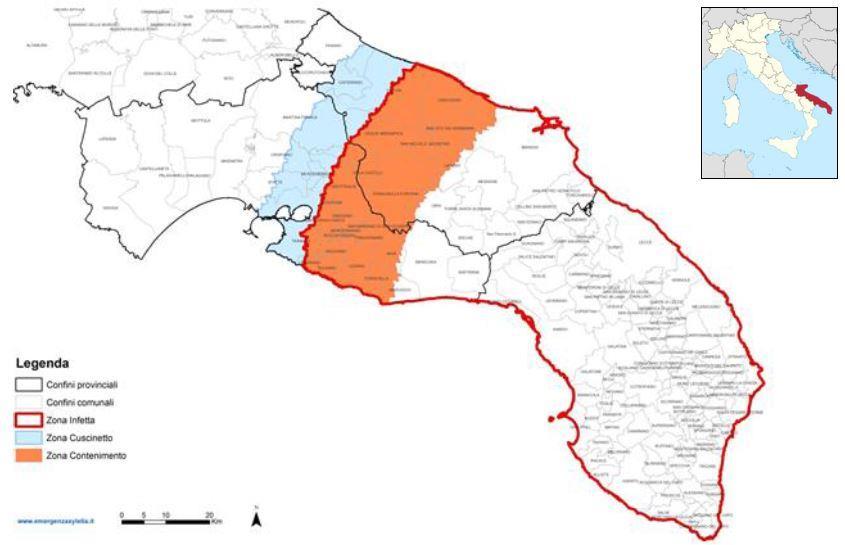 6. Mapa vymezené oblasti v regionu Apulie (Itálie) Vysvětlivky: hranice provincií hranice