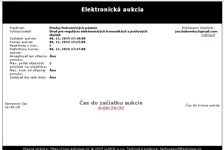Po korektnom prihlásení sa účastník dostane priamo do aukcie, v ktorej sa chce zúčastniť. Pokiaľ aukcia ešte nezačala, obrazovka ho upozorní na čas, ktorý zostáva do začiatku aukcie.