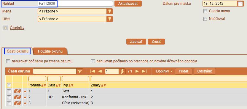 V novo vytvorenej databáze je ku každému druhu dokladu dodávateľom preddefinovaný okruh číslovania a jeden spoločný číselný rad F Fakturácia pre všetky druhy dokladov.