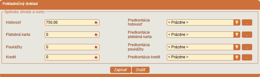 Ak je na záložke označená voľba Generovať pokladničný doklad, pri prenose dokladu z modulu Fakturácia do modulu Účtovníctvo, bude vytvorený aj doklad vo voľbe Pokladňa.