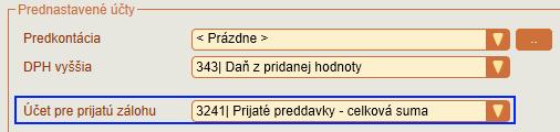 POZNÁMKA: Ak je prijatý preddavok zaúčtovaný na rovnaký analytický účet ako je zadaný vo voľbe Nastavenia fakturácie v časti formulára Prednastavené účty 11 - Účet pre prijatú zálohu, nemusíte